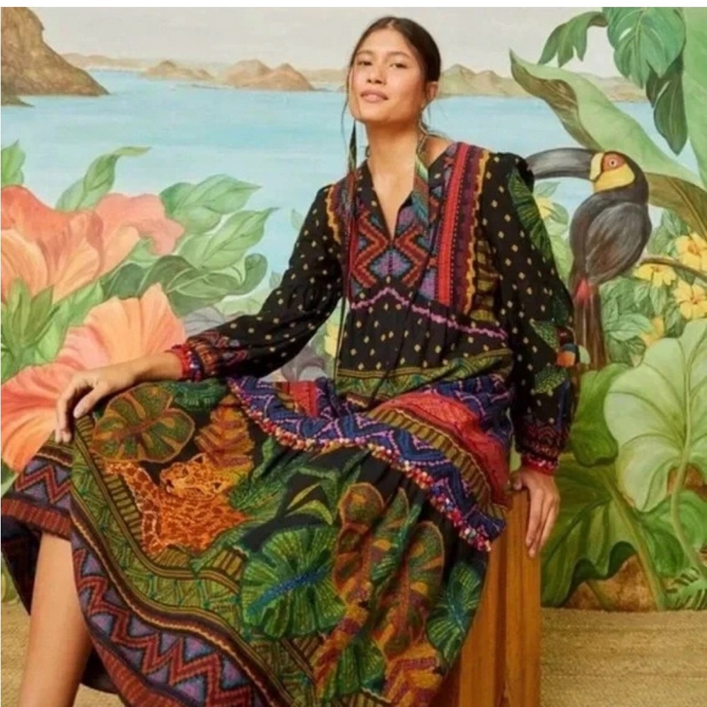 Farm Rio Forest Tapestry Split-Neck Midi Dress